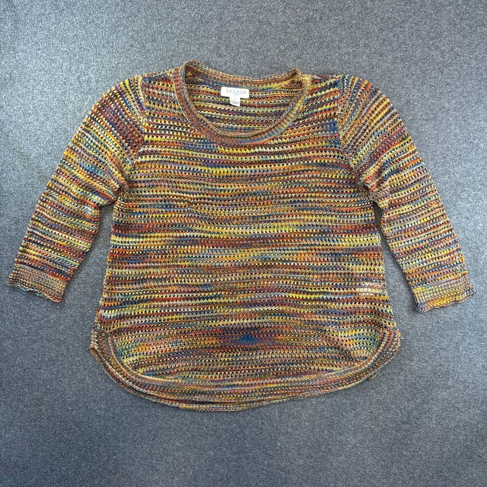Multicolor Space-Dye Open Knit Sweater Boho Stripe Curved Hem STUDIO JPR